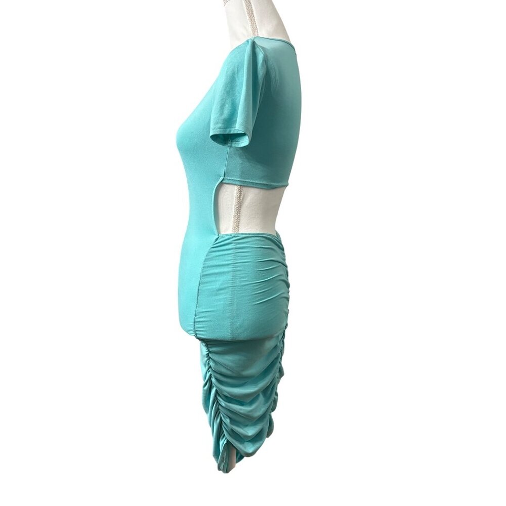 Popular 21 Turquoise Festival Cutout Back Ruched Y2k Bodycon Midi Dress Size M - Picture 2 of 11
